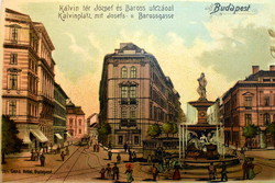 Antik grafikus képeslap Budapest Kálvin tér József és Baross utczával  Ganz kiadás