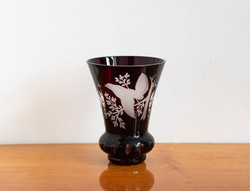 Antik csiszolt, hántolt biedermeier üveg váza fácán mintával - bordó kézzel festett, aranyozott váza