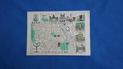 Régi képeslap: rajzos Eger térkép, körben a város nevezetességei