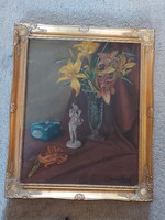 Boemm Ritta szignós csendélet festmény, vászon faroston, olaj, 40x50 cm+ kiváló blondelkeret
