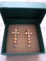 Cross shaped vintage earrings decorated with aurora borealis crystals and tekla beads