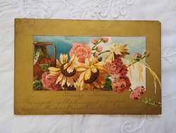 Antik hosszúcímzéses szecessziós aranyozott litho/litográfiás képeslap virágok/napraforgó 1900 körül