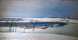 András Nagy Cs. (1927-2009): winter (oil tempera, 40x80 cm) winter landscape, student of kmetty and szőnyi
