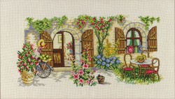 1H099 geranium porch framed needlework tapestry 30 x 49 cm
