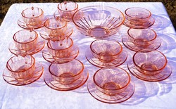 Régi antik lazac rózsaszín üveg készlet 25 darabos art deco stílusú préselt üveg étkészlet