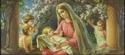 1H142 Giovanni : Mária gyermekével és angyalokkal szentkép nyomat 46 x 88 cm