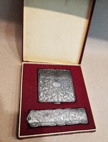 Gyönyörű antik használatlan ezüstözött tükrös púder kompakt + zsebfésű szett dobozában