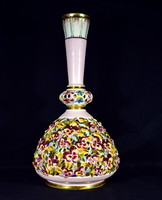 Antique pansy patterned fisher majolica vase with richly painted and pierced double wall!