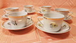 1 Ft-ról! Hollóházi aranyszegélyes, sárga/kék virágos 6 darab porcelán kávéscsésze, alátéttel
