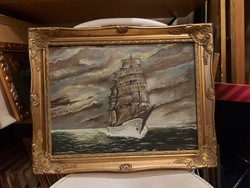 Vitorlás hajó a tengeren, festmény, olaj, farost, 30x40 cm + pompás blondelkeret