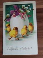 Antik képeslap,  Húsvéti üdvözlet,  Csibék, tojás, barka,1936