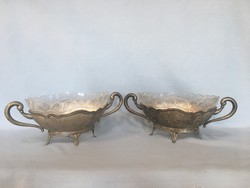 Ezüst gyűmölcs kínáló párban, eredeti üveg betétekkel