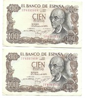 2 x 100 peseta 1970 Spanyolország 3. Sorszámkövető