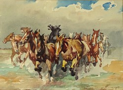 1H198 XX. századi magyar festő : Vágtató ménes lovak