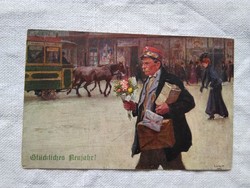 Antique Graphic New Year Postcard / Artist Card, Horse Carriage, Postman (?), Gifts 1927