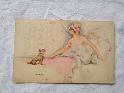 Antique graphic postcard / art card for lady in nightgown, puppy, 1917