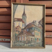 Jó kvalitású festmény,vízfestmény, Város jelenet  Jelzett :K.Meier kb 100 éves kép!