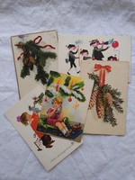 5 db régi grafikus/litho karácsonyi/újévi képeslap, fenyőág, toboz, kislány, játék, kéményseprő