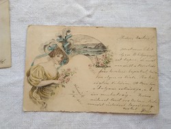 Art Nouveau long engraved colored etching / engraved signed postcard, lady in hat 1900