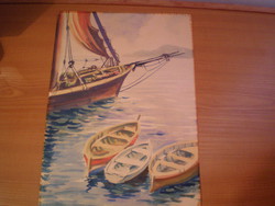Vitorláshajó csónakokkal , Aquarell , jelzés nélkül ,  Méret : 43 cm x 30 cm . Az 1970-es évekböl