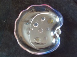 E21 Üvegművész Moholy-Nagy László stílusában holdkép ékszer+névjegytartó kínáló kék sárga csillagok