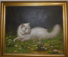 Boleradszky Benő (1885-1957) - Mezőn pihenő fehér perzsamacska