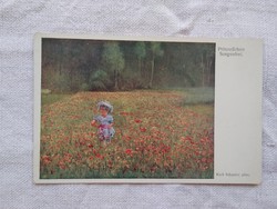 Antik művészlap/képeslap, kislány a pipacsmezőn, virágok 1910-20 körüli