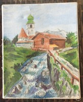 Régi olaj vászon festmény vakrámán : Falucska templommal
