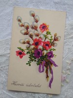 Old floral litho / lithographic Easter postcard, bouquet of flowers, catkins 1942