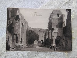 Antik olasz városképes képeslap Róma Caracalla termálfürdői, korabeli látogatók, 1910 körüli