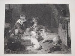 Sir Edwin Henry Landseer , kutya kép , acél metszet , 19. század könyv lap The Breakfast Party