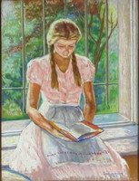 1H378 Mányi Csizmazia Kálmán : Lány az ablakban 1947 Két oldalas kép hátoldalán szegedi látkép.