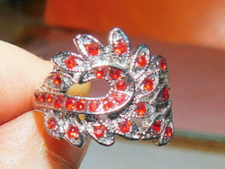 Ruby like red stony peacock. Tibetan silver ring 6.5
