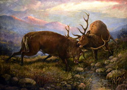 The deer bull fight of Alajos Mayer (1878 - 1953)! Real hunter salon picture!