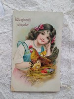 Antik litho/litográfiás húsvéti képeslap kislány, tyúk, csibe, tojások 1912