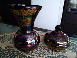 Kunst-glas Zella-Mehlis szivárványos váza és bonbonier együtt, jelzéssel!