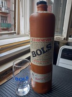 Midcentury Bols retro, agyag pálinkás butella/butélia üvegpohárral Bols, Amsterdam márkajelzéssel