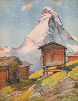 G Nottistein jelzéssel: Házak a hegycsúcs előtt (antik akvarell)