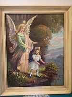 Guardian angel playing with child playing with old oil on canvas painting