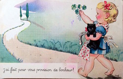 Régi francia  The Benoit grafikus képeslap kislány cica lóhere