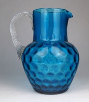 0G132 Antik 1800-as évek közepe nagyméretű kék színű lencsés fújt huta üveg kancsó