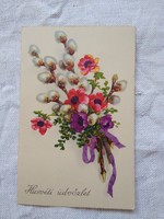 Régi litho/litográfiás húsvéti képeslap barka, virágok 1942