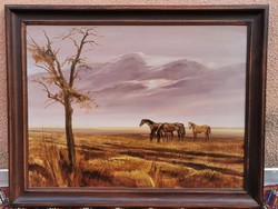 István Dér (1937 - 1993) painting of grazing horses