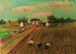 SZÜCS János (1917-1995)  "Falusi munkák" Képeslap festmény