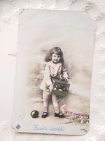Antik színezett húsvéti képeslap, kislány, csibe 1911
