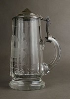 1G046 Antik ónfedeles csiszolt üveg Marienbad söröskorsó 1800-as évekből 20.5 cm