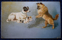 Antik ezüstös hátterű  litho üdvözlő képeslap kutyák