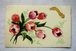 Régi francia üdvözlő  képeslap  tulipán
