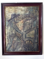 Kalapos ember kézikocsival, jelzett festmény, vegyes technika, 50x70 cm