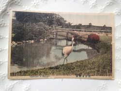Antik japán kézzel színezett fotólap/képeslap híd, gém madár Korakuyen at Okayama 1910 körüli